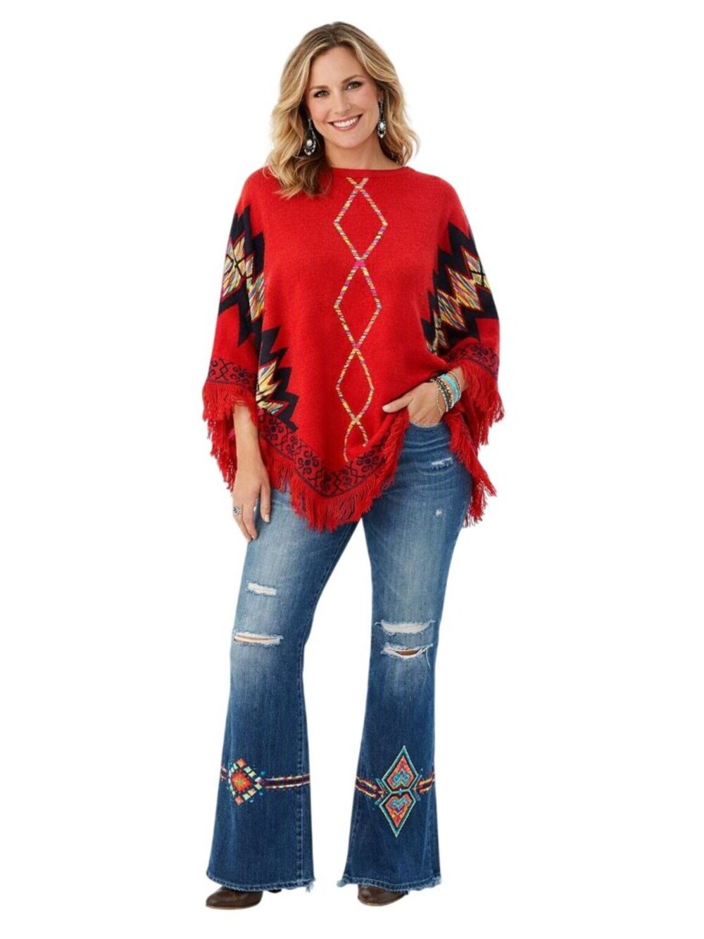 L&B Southwestern Aztec Boho Hippie Red Poncho Western Sweater Tribal Fringe M